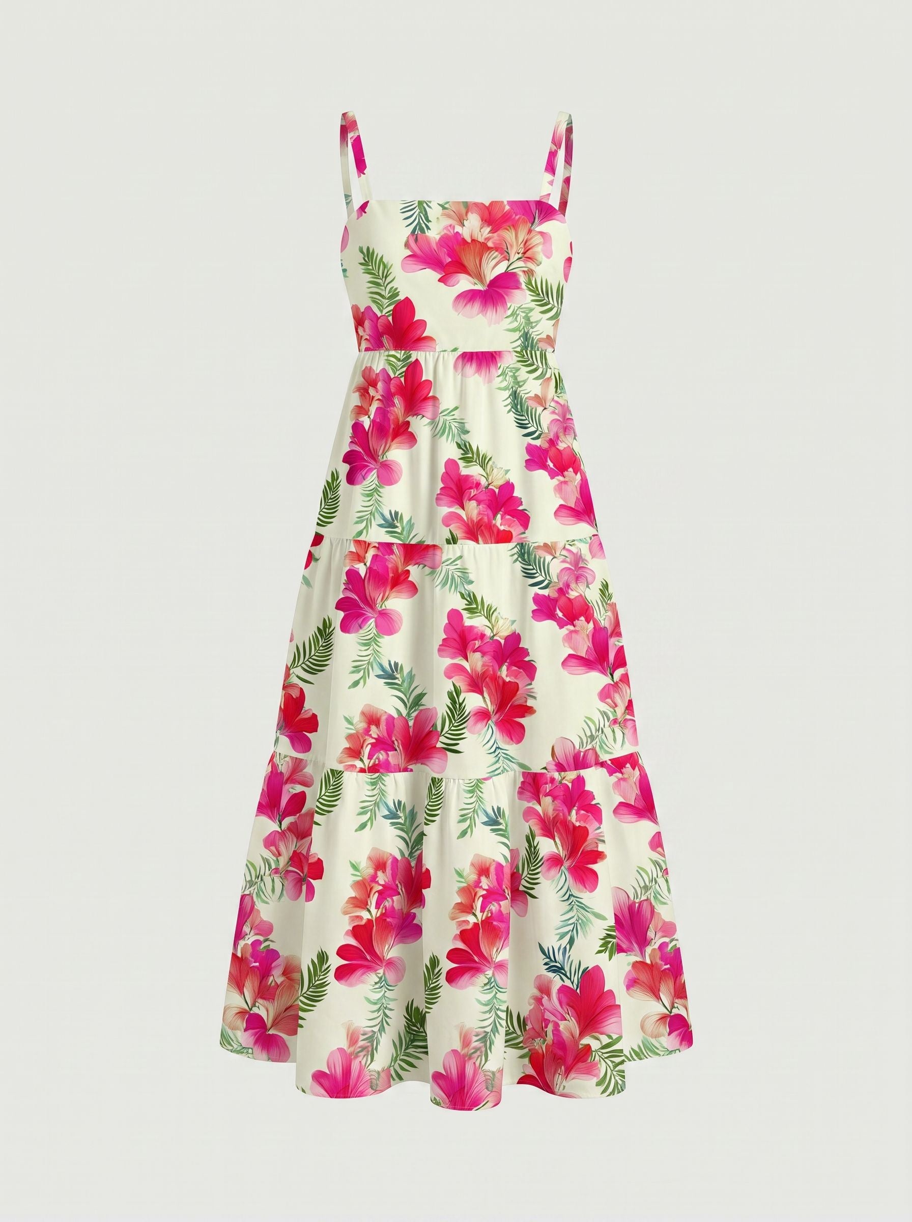 FLORA Floral Print Tiered Strap Midi Dress