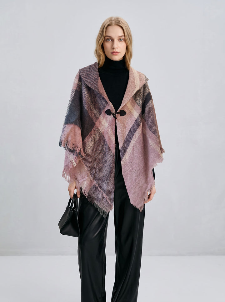 Cozy Plaid Toggle Winter Poncho Scarf