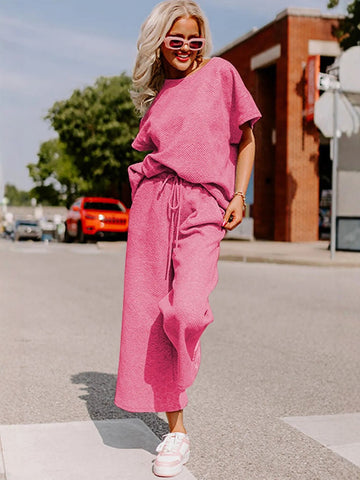 Round Neck Drawstring Waist Pants Set
