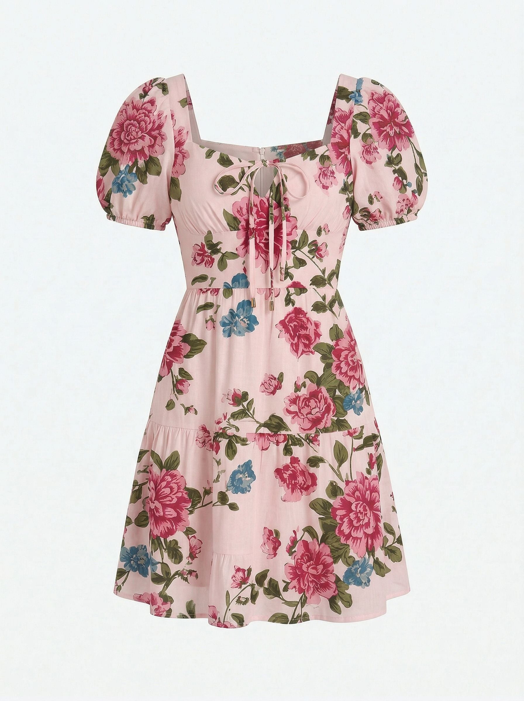 Floral Print Puff Sleeve Tiered Mini Dress