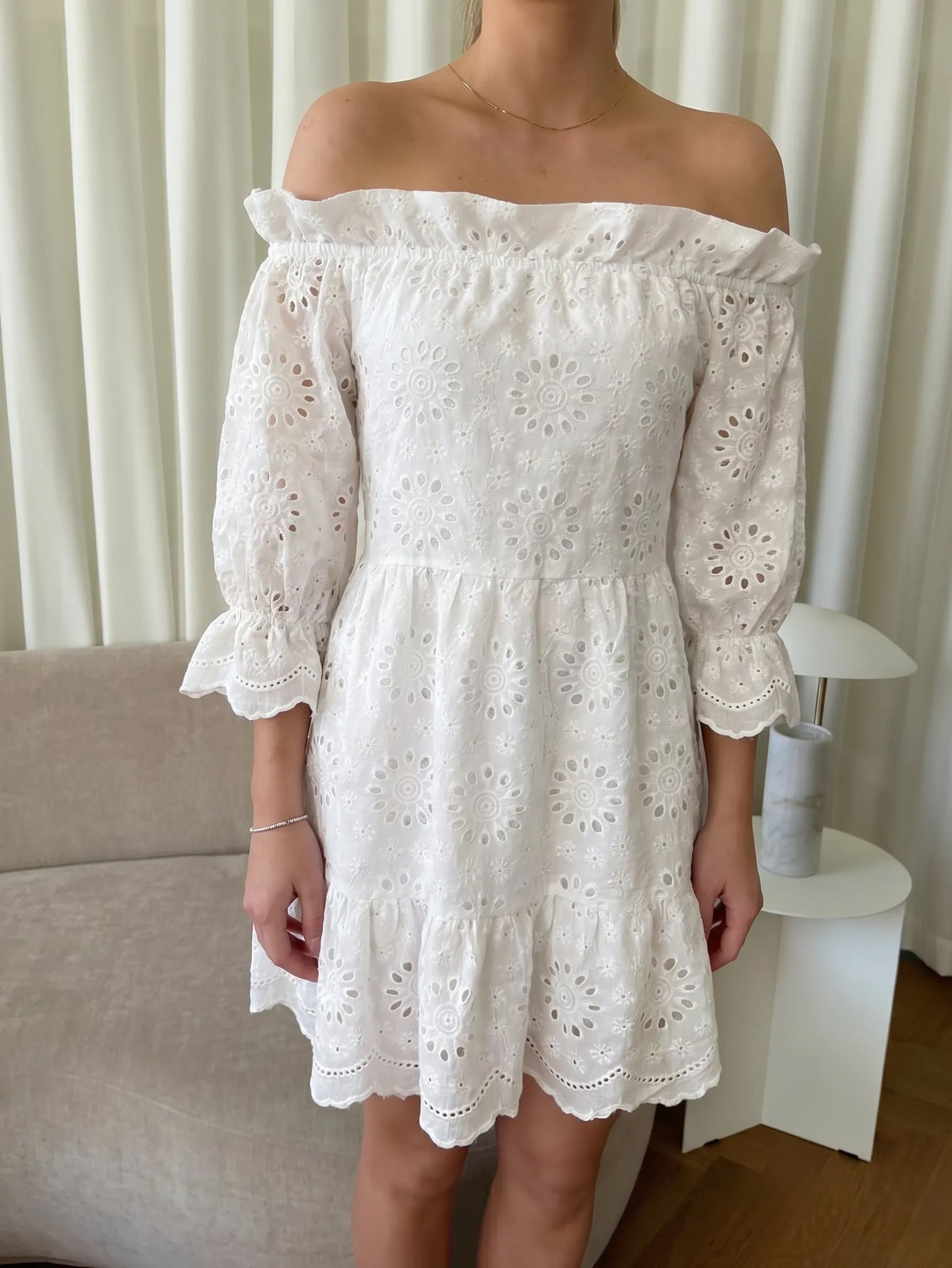 Off Shoulder Eyelet Mini Dress