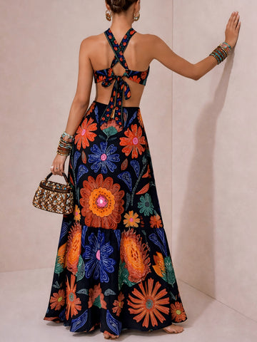 Floral Cutout Halter Maxi Dress