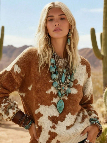 Cozy Western Cow Print Sweater