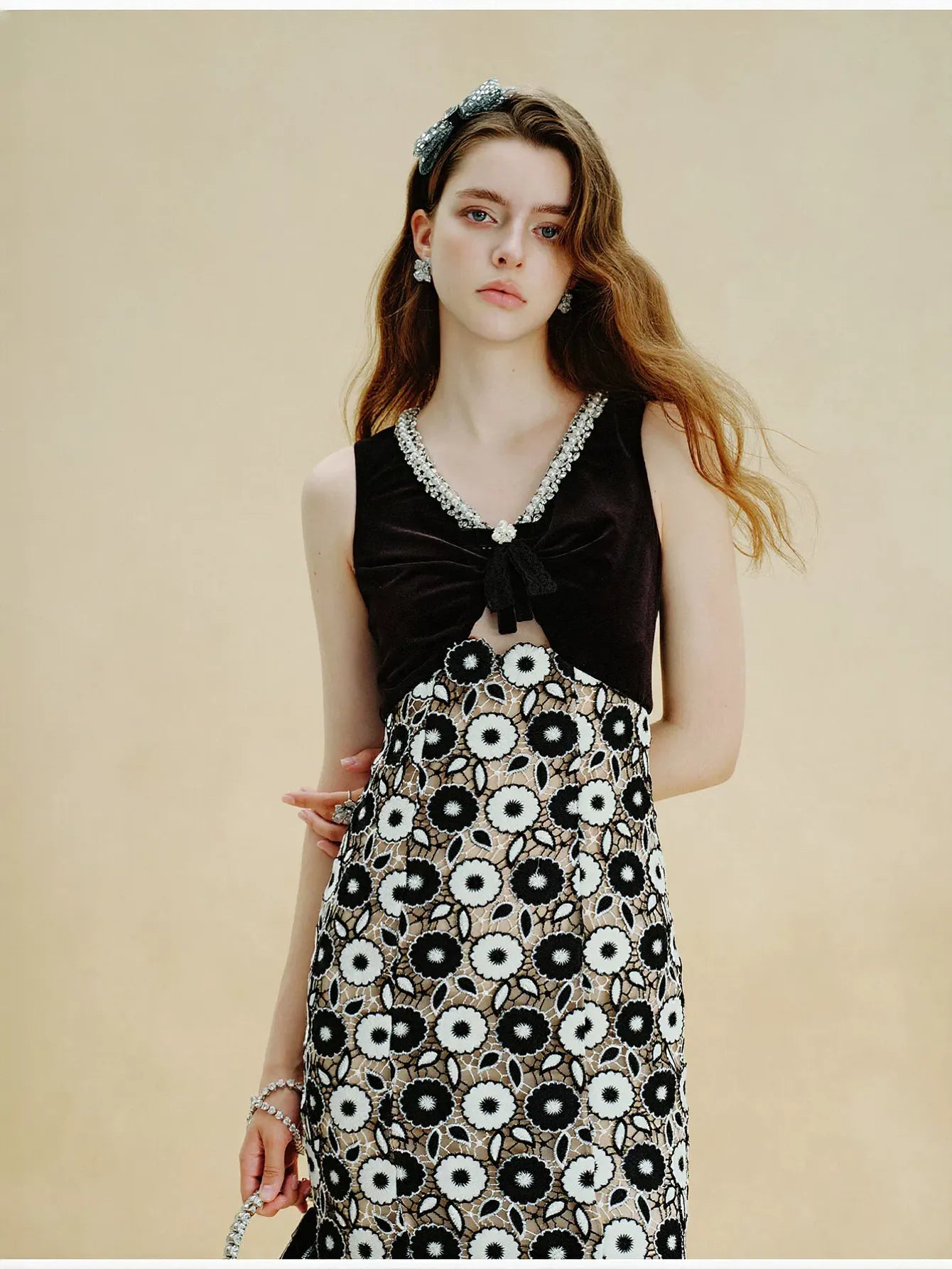 Embellished Velvet Floral Lace Maxi Dress
