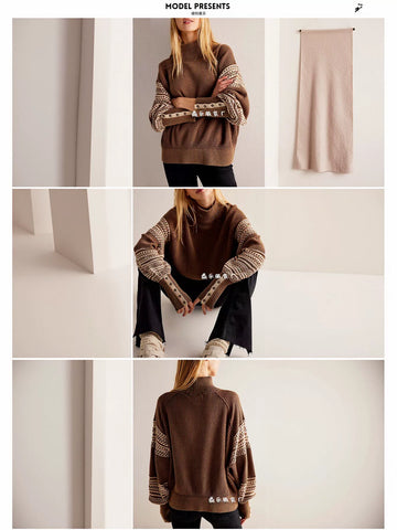 Oversized Button Cuff Thermal Pullover Sweater