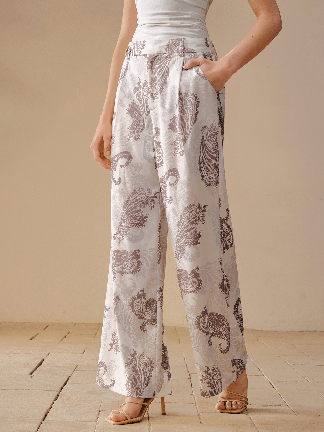 High Waisted Paisley Wide Leg Trousers