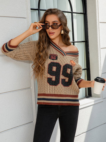 V Neck Varsity Cable Knit Sweater