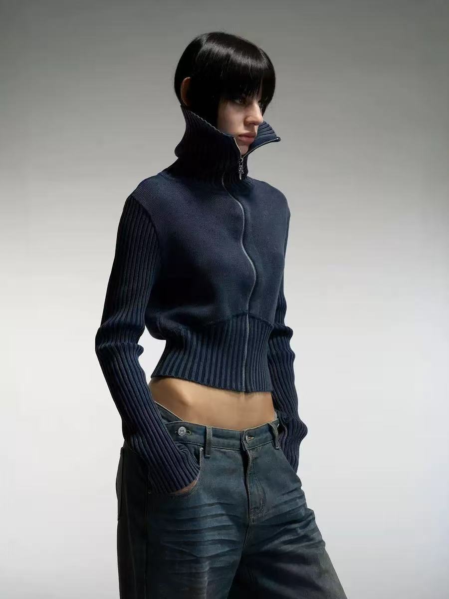 Cropped Ribbed Zip Up Cardigan