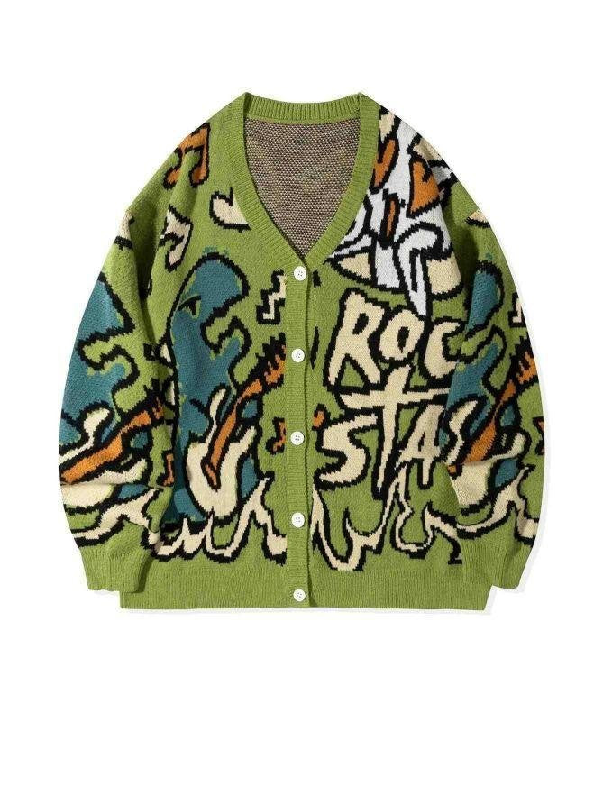 Oversized Graphic Pattern Knit Cardigan