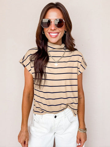 Striped Mock Neck Ribbed Sweater
