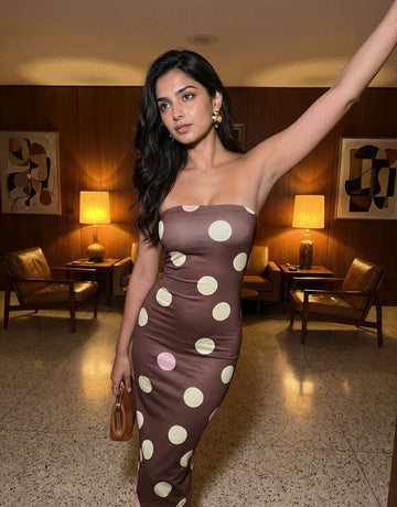 MAIA Retro Polka Dot Print Strapless Sheath Midi Dress