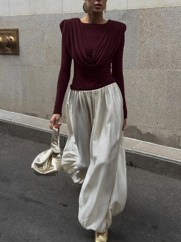 Padded Shoulder Cowl Neck T Shirt