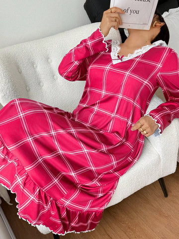 Cozy Plaid Lace Trim Nightgown
