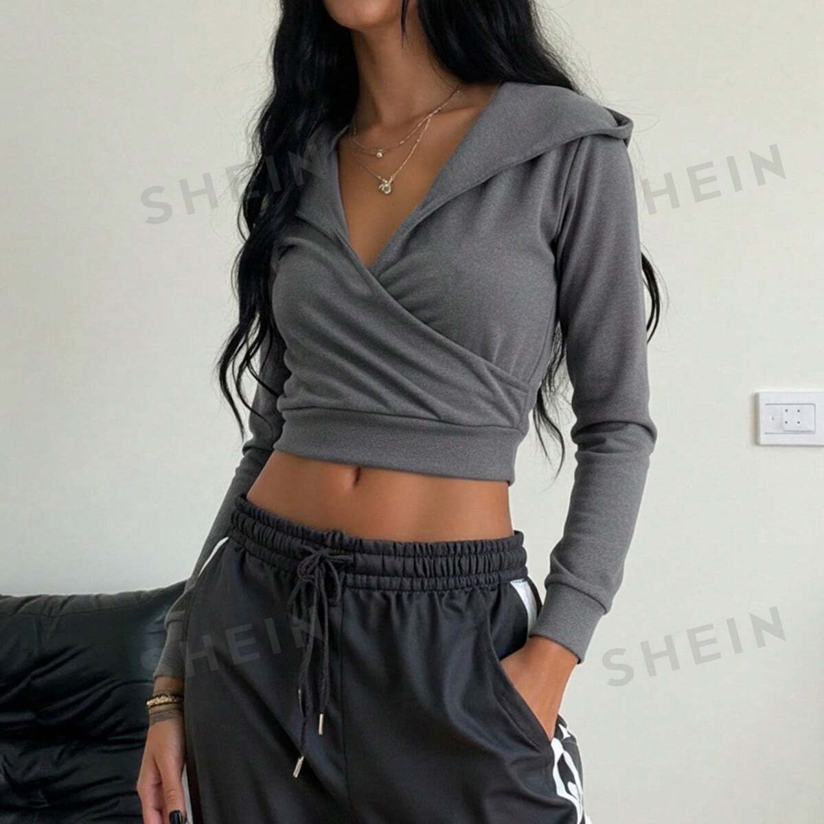Cropped Wrap Front Hooded Sweatshirt