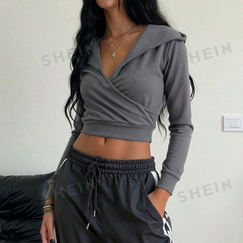 Cropped Wrap Front Hooded Sweatshirt