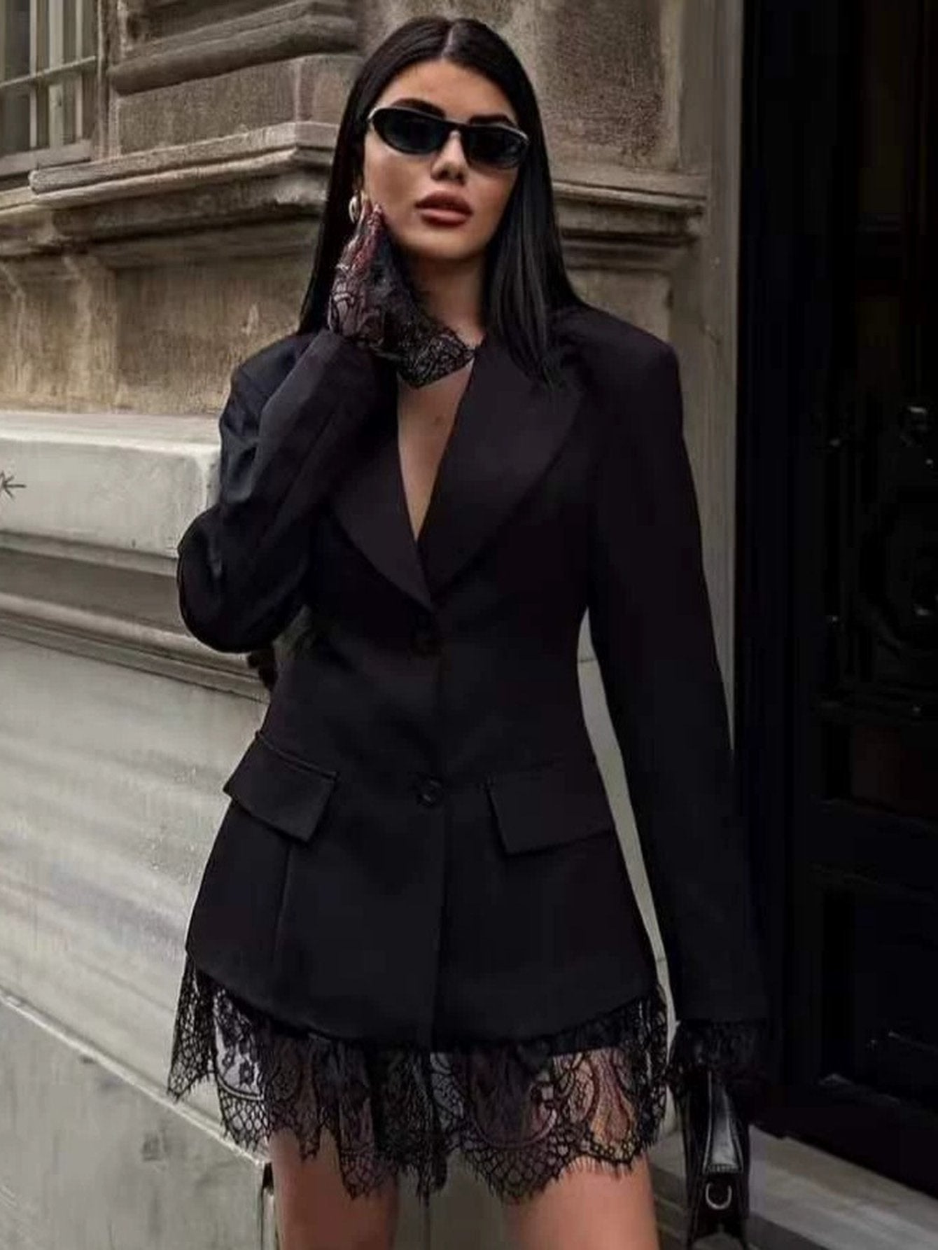 Elegant Lace Trim Fitted Blazer Jacket