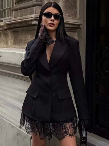 Elegant Lace Trim Fitted Blazer Jacket