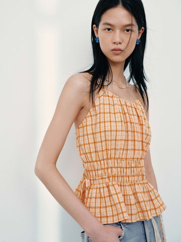 Strappy Check Ruffle Trim Cami Tops