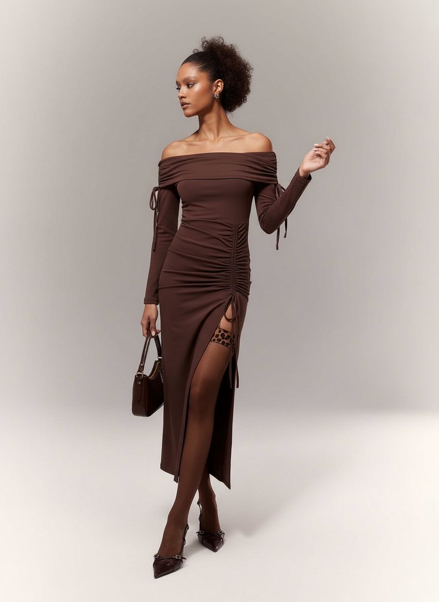 Off-Shoulder Ruched Side Slit Eleant Midi Dress-Brown