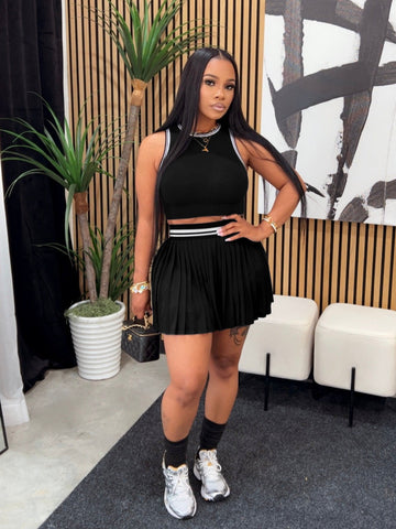 Athletic Ribbed Crop Pleated Skirt Set
