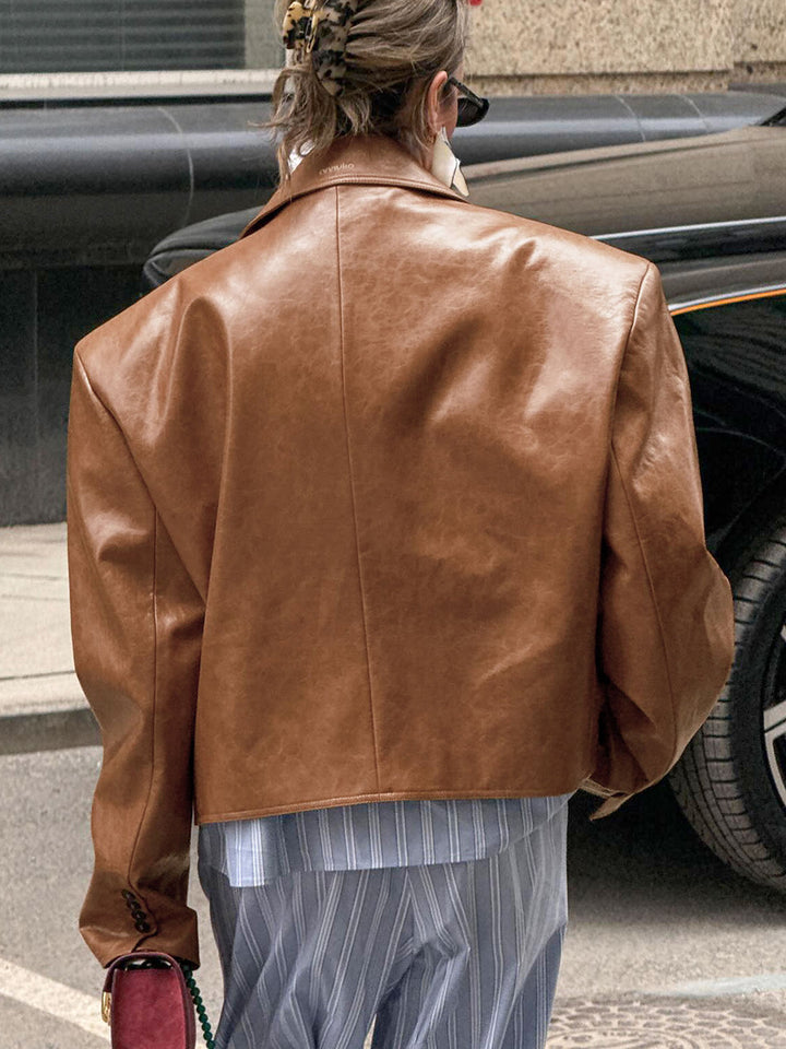 Oversized Brown Faux Leather Blazer Jacket
