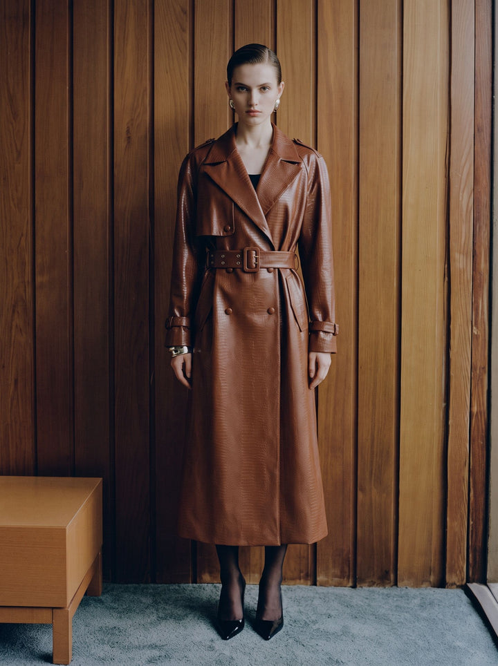 Crocodile Embossed Faux Leather Trench Coat