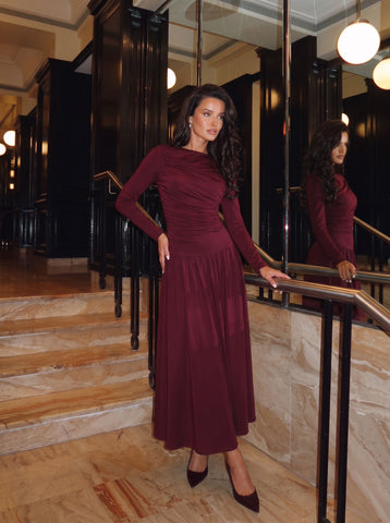 Ruched Long Sleeve Midi Dress