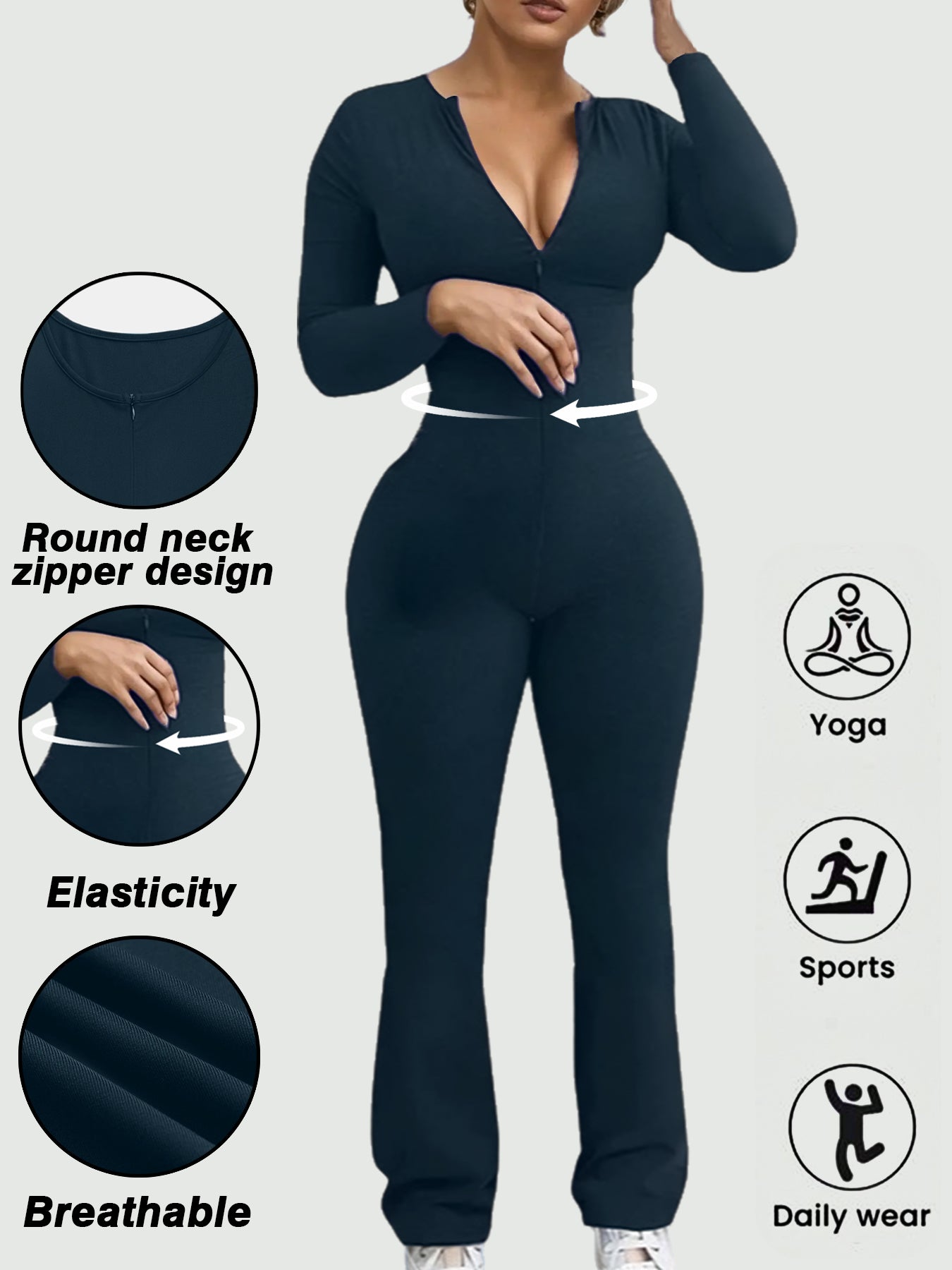 Deep-V Neck Flare-Leg Sporty Jumpsuit-Multicolor