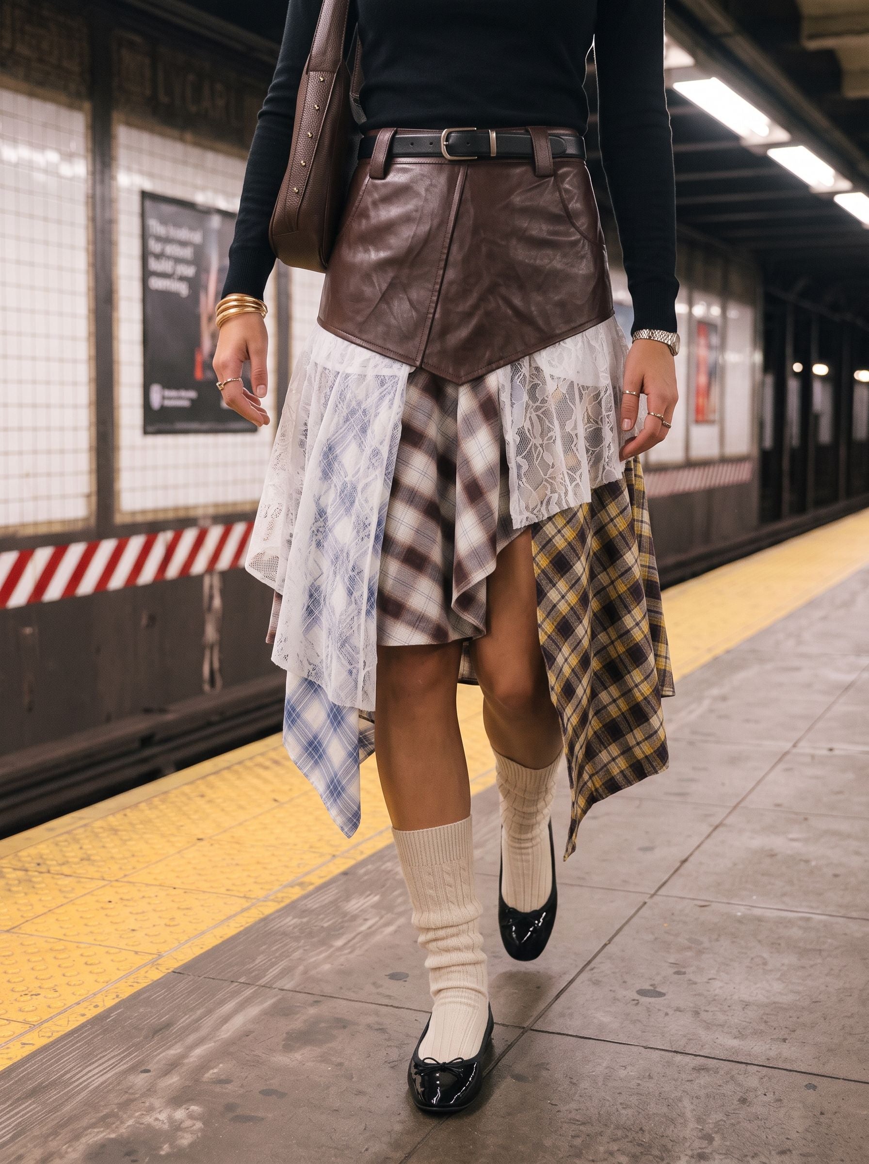 Patchwork Plaid High Waisted Denim Skirt