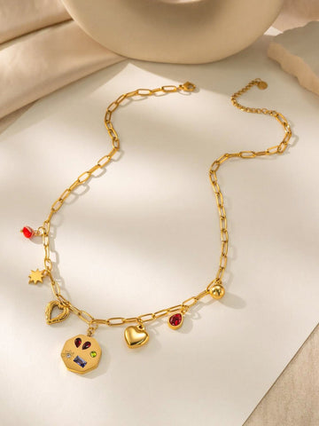 Charming Multi Charm Gold Paperclip Necklace