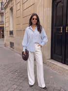 Oversized Striped Smocked Sleeve Button Shirt