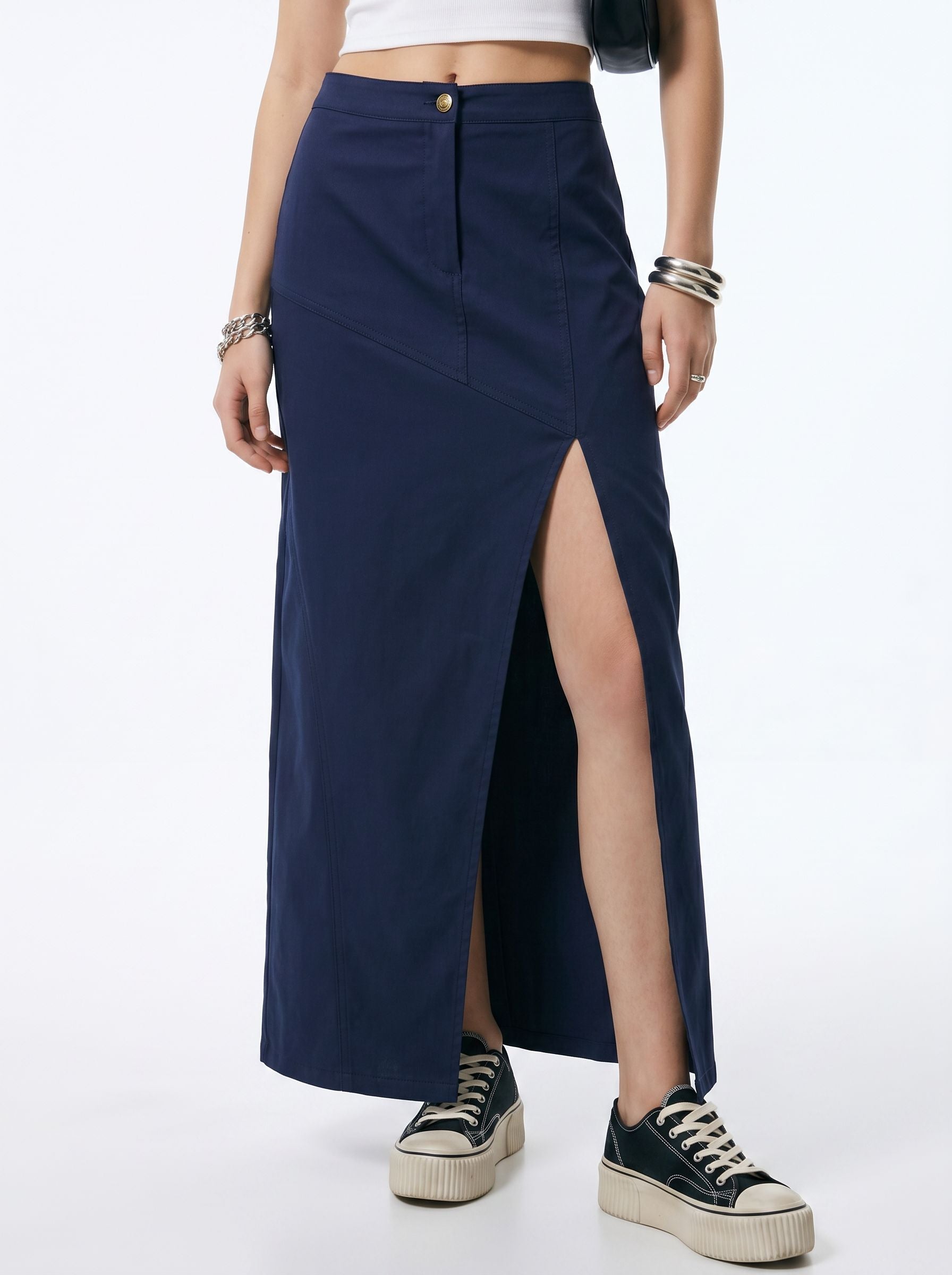 High Slit Navy Maxi Skirt