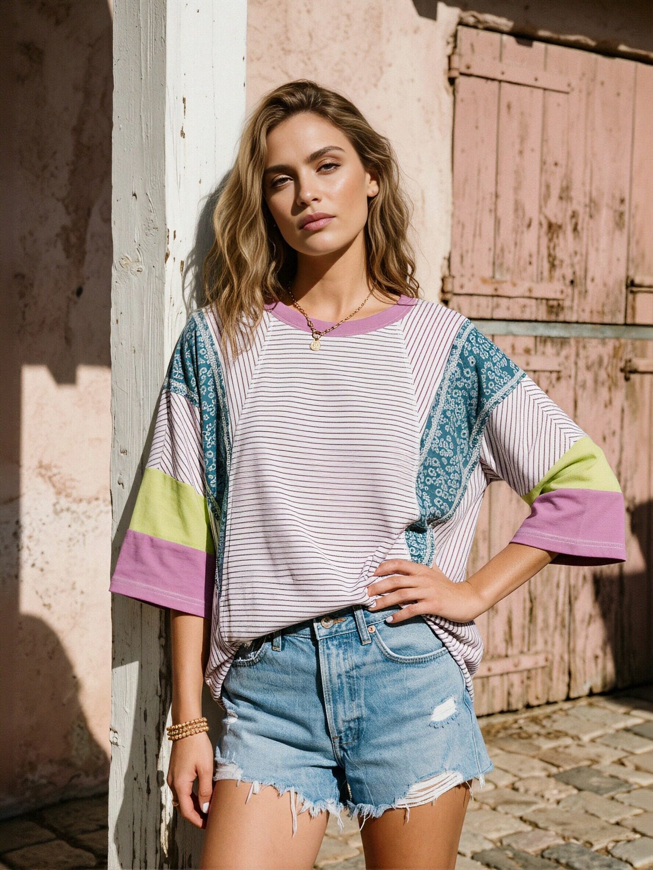 3/4 Sleeve Color Block T-Shirt