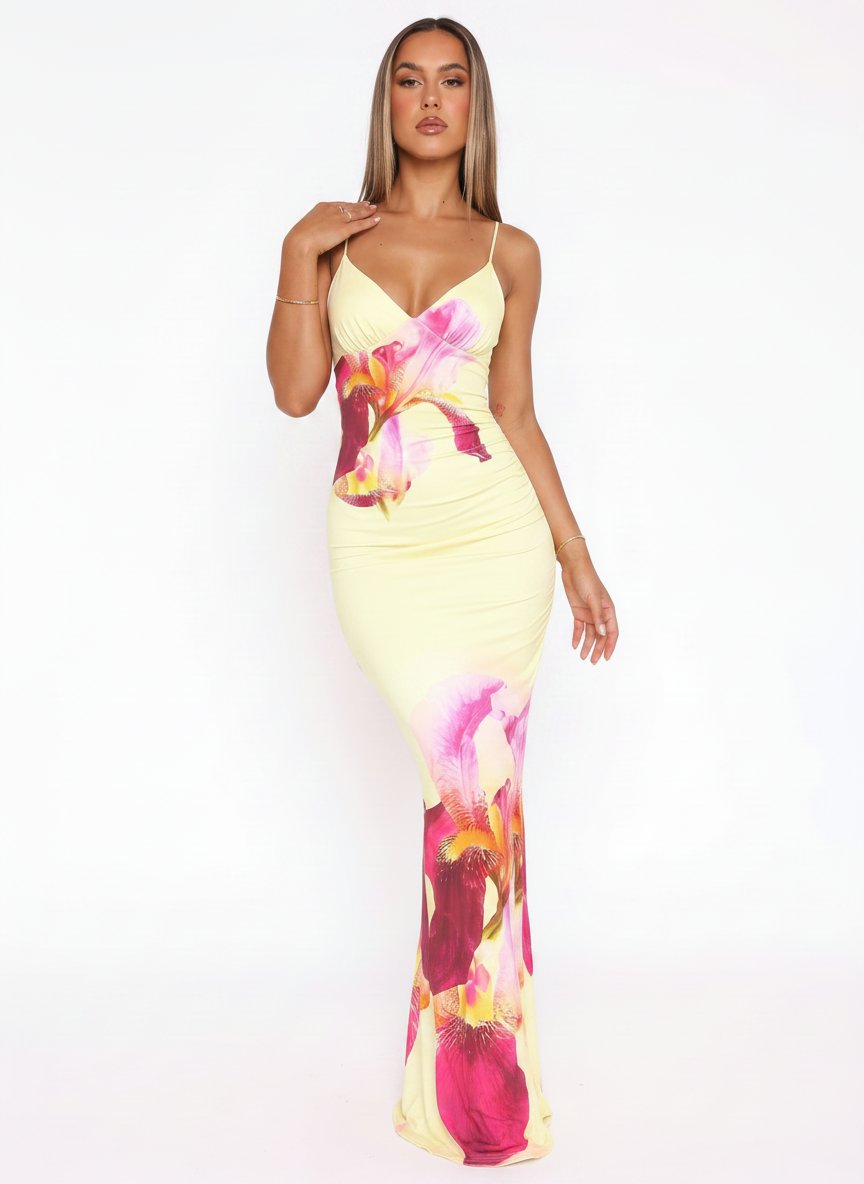 Floral Ruched Bodycon Maxi Dress