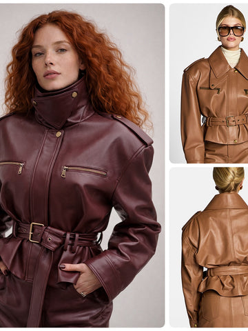 Belted Cropped Faux Leather Jacket