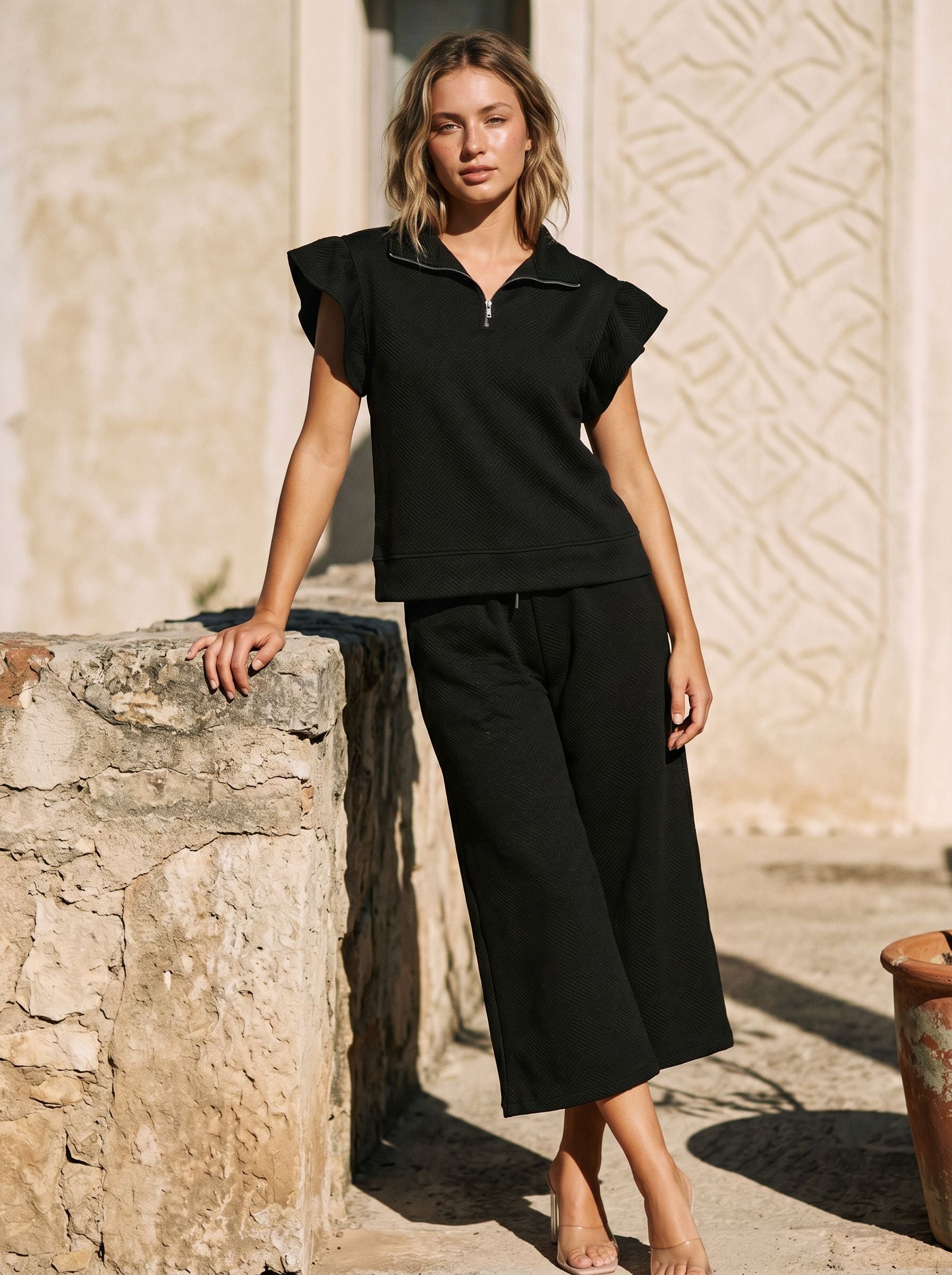Textured Zipper Ruffle Top Pants Set