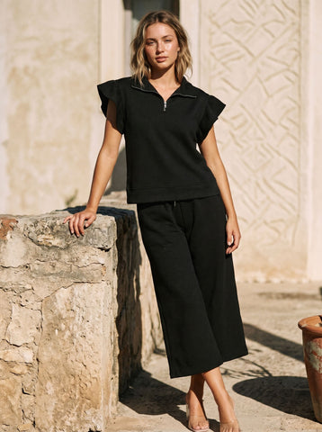 Textured Zipper Ruffle Top Pants Set