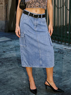 High Waisted Cargo Denim Midi Skirt