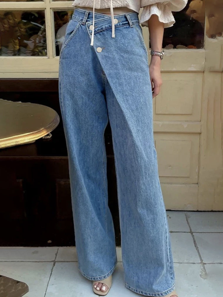 Asymmetric High Waisted Wide Leg Jeans