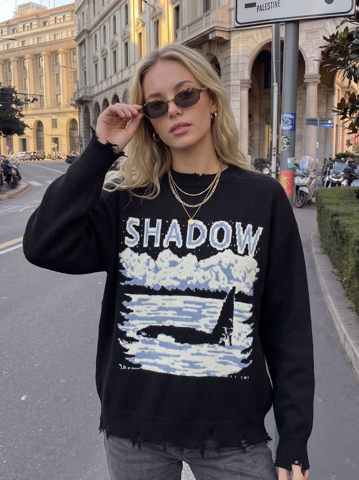 Oversized Graphic Distressed Knit Pullover Sweater