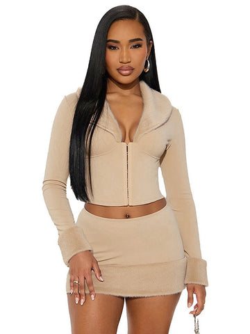 Faux Fur Trim Skirt Set