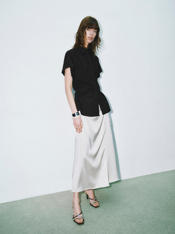 Urban Revivo Tapered Waist Short Sleeve Shirts-Black-Black