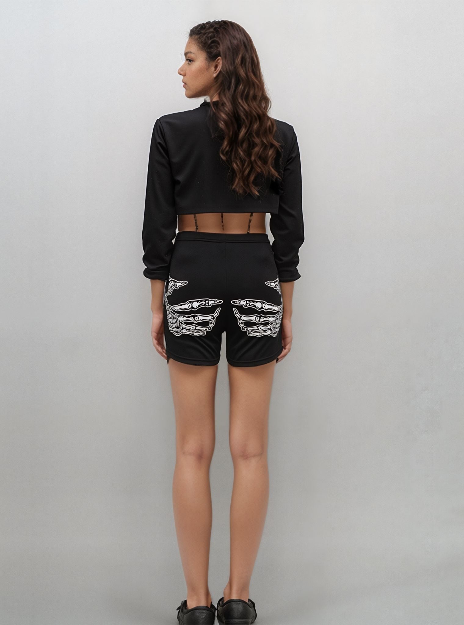 Skeleton-Print High-Waisted Edgy Yoga Shorts-Black