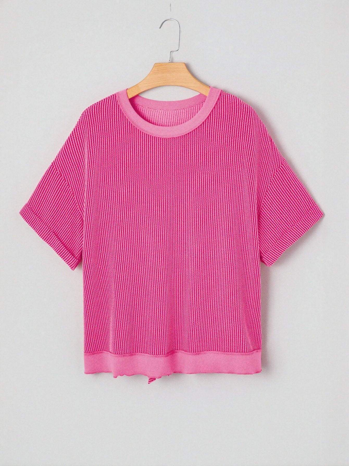 Ribbed Oversized Pink Crewneck T-Shirt