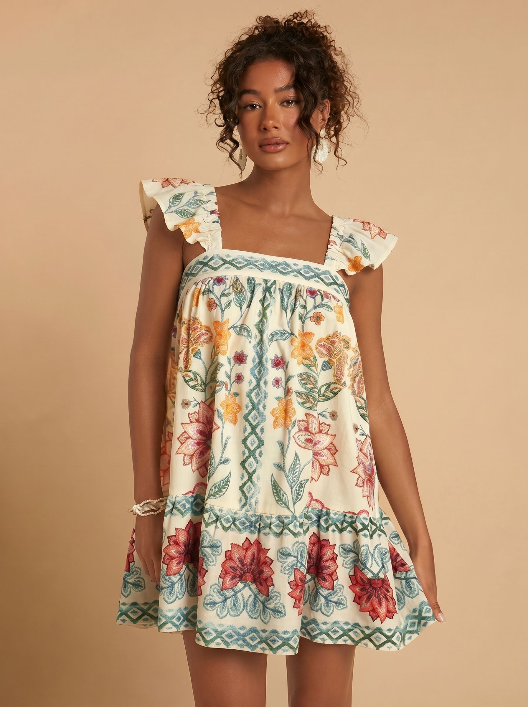 Embroidered Ruffle Strap Floral Mini Dress