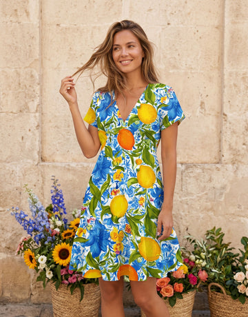 EVA Floral Print V Neck Tiered Babydoll Mini Dress