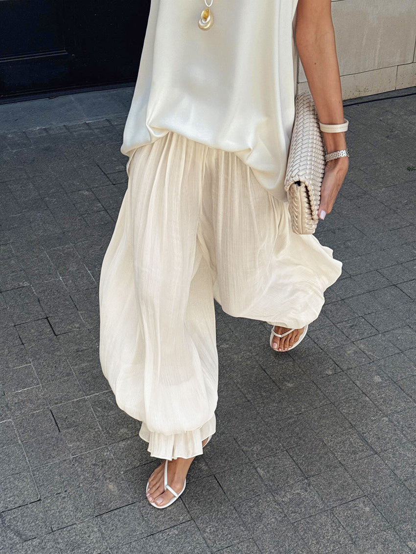 Flowy Pleated Elastic Waist Casual Pants