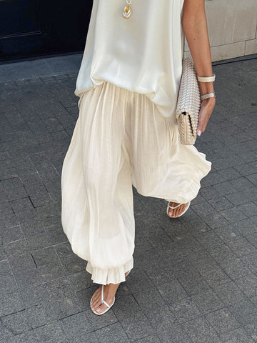 Flowy Pleated Elastic Waist Casual Pants