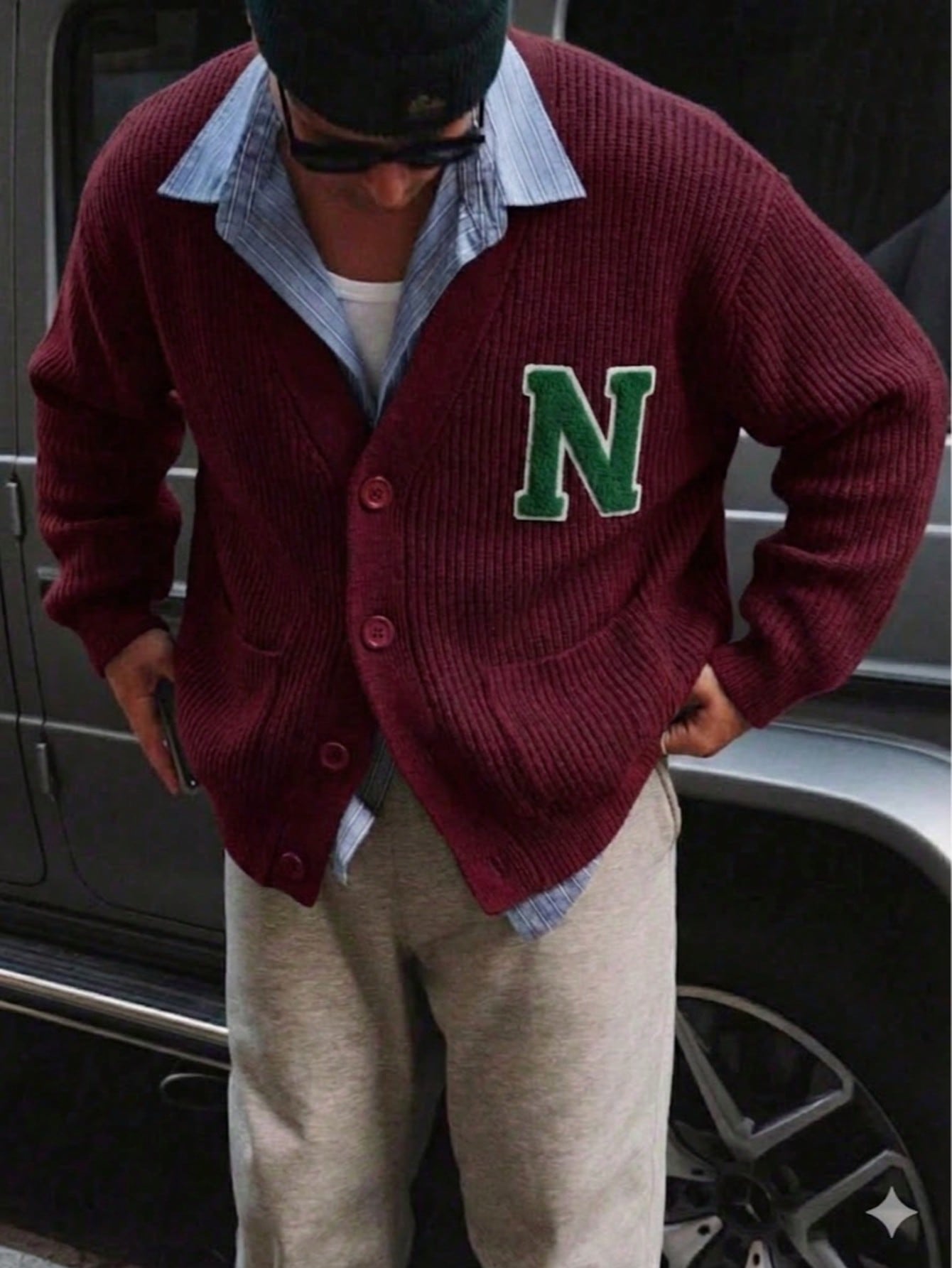 Oversized Letter Patch Ribbed Cardigan