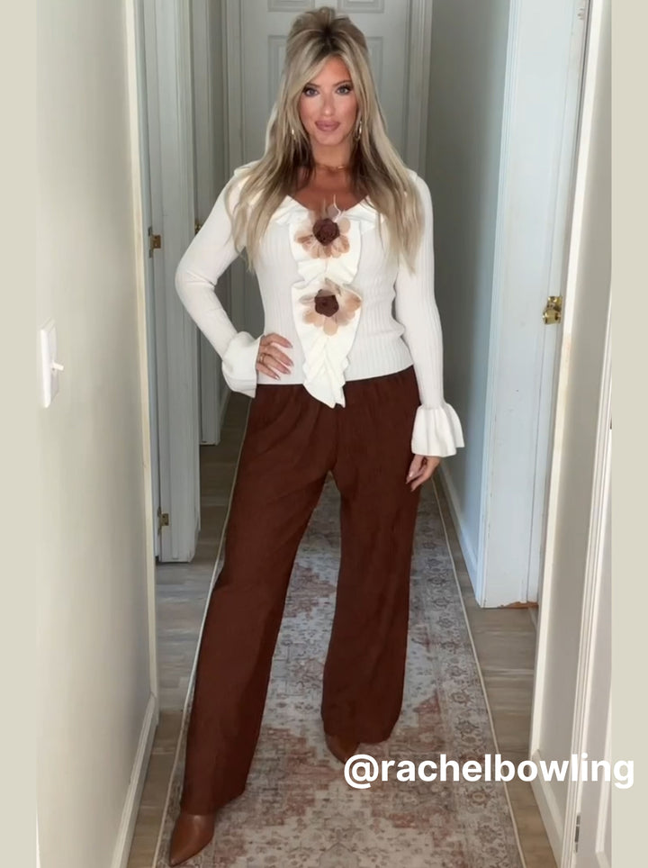Floral Ruffle Trim Ribbed Sweater